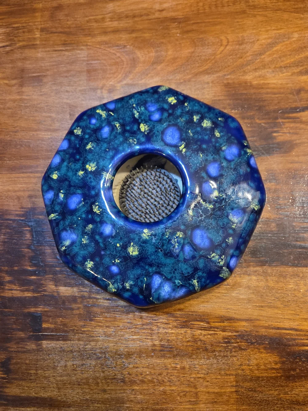 Signed, Handmade Blue Art Pottery Flower Frog Mint condition Medium Sized 7